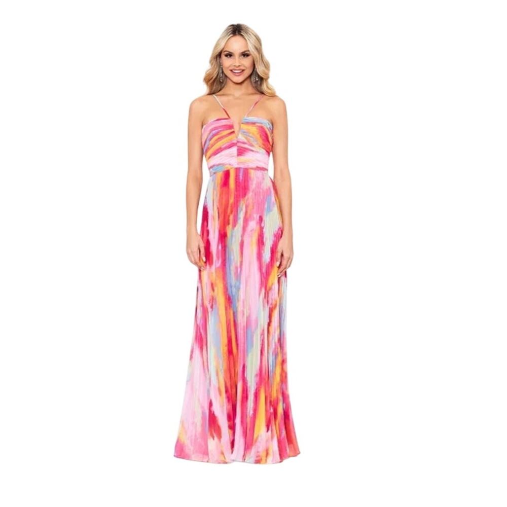 Xscape "Danielle" Long Chiffon Multicolor Vacation Halter Neck Dress 8P
